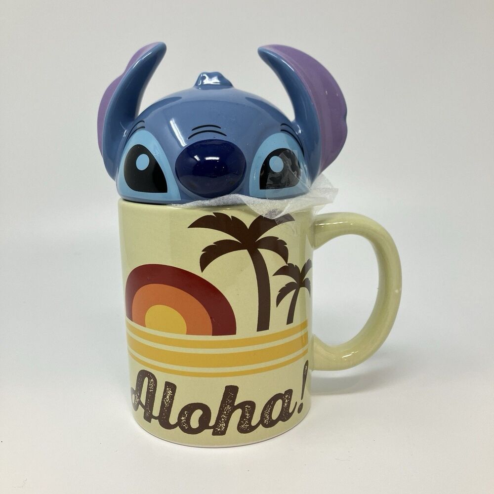 Disney Lilo & Stitch Mug 3D Stitch Ears Lid Aloha Hawaii Ceramic Coffee Cup